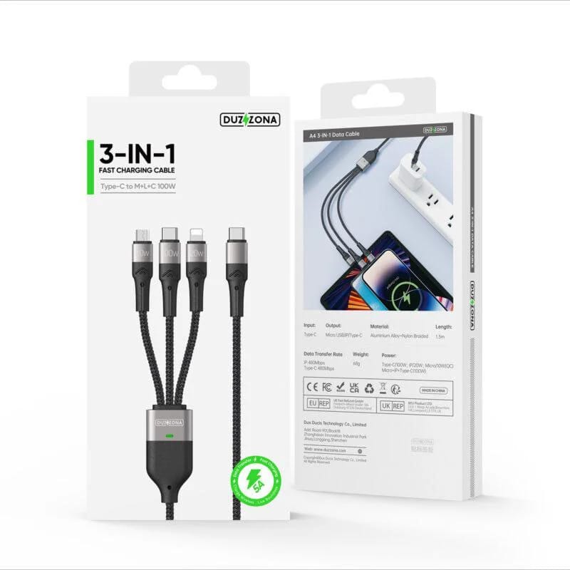 Type-C input and three output connectors Micro USB, Lightning, and USB-C